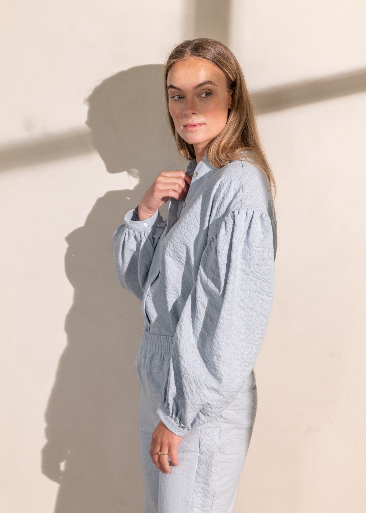 CAROO light blue dropped shoulder long sleeves blouse