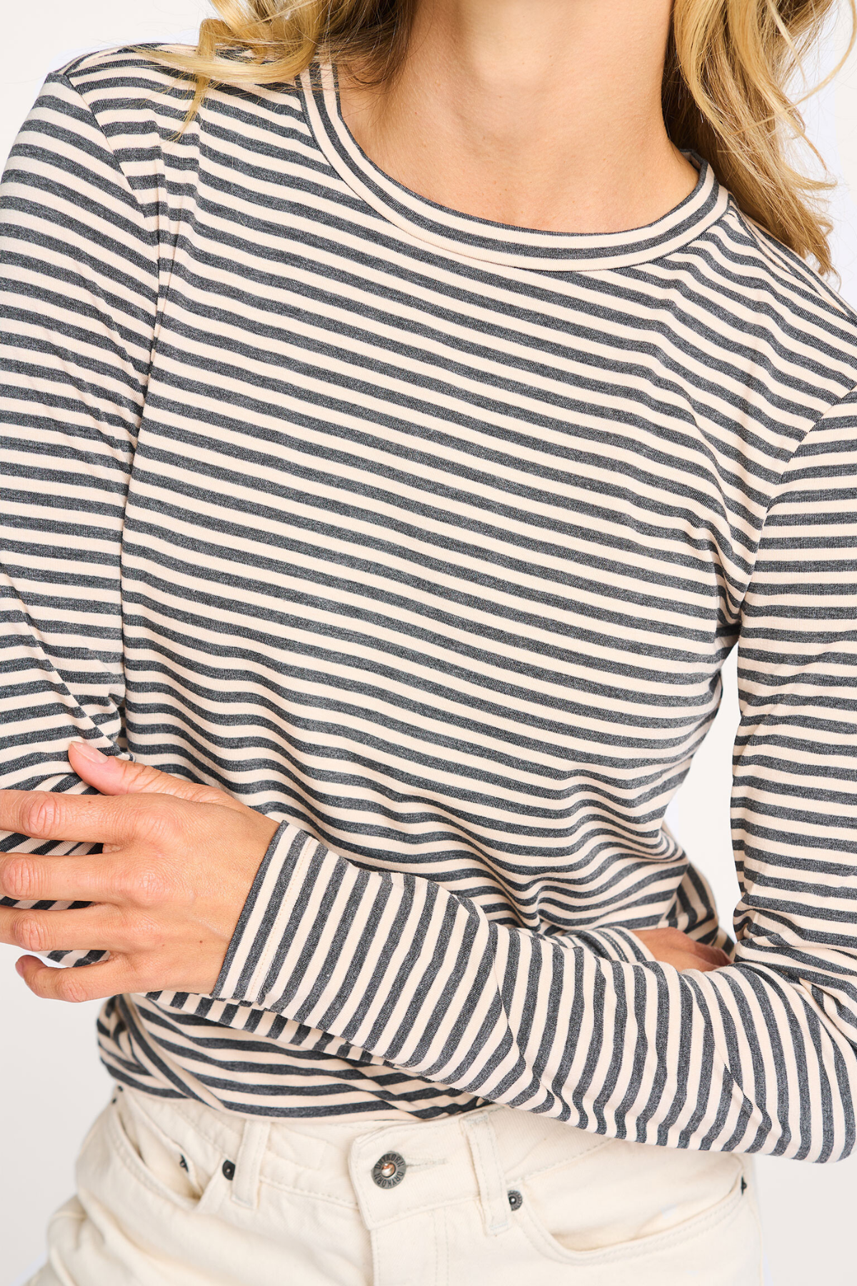 Caleb lange mouw gestreepte jersey ronde hals top