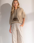 VARRI Button detail shoulder fluffy knitted top zand