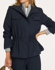 CLEND Standing collar waisted jacket night blue