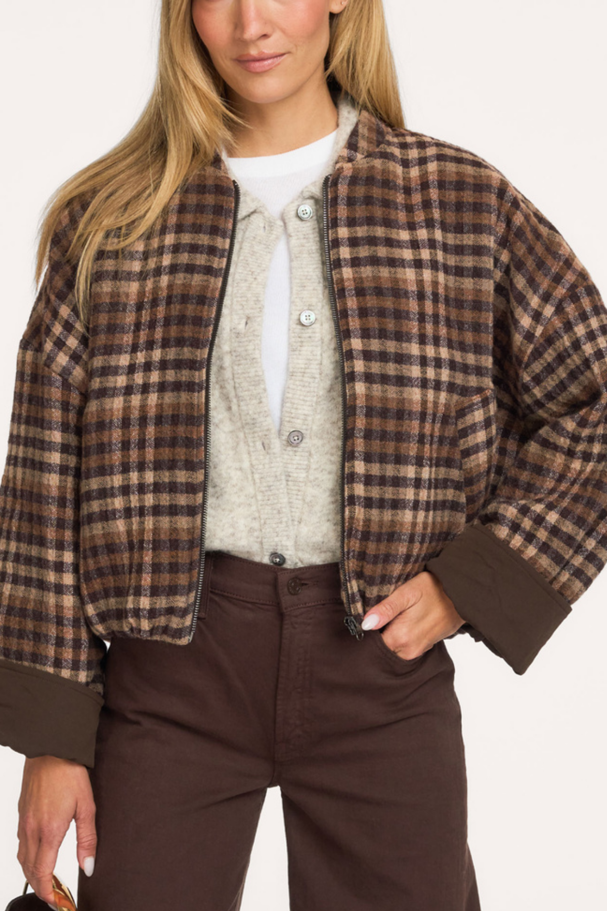 CIDORE Woolen check bomber jacket brown check