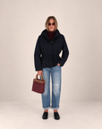 CLEND Standing collar waisted jacket night blue