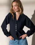PIAC Long sleeve waisted button top navy