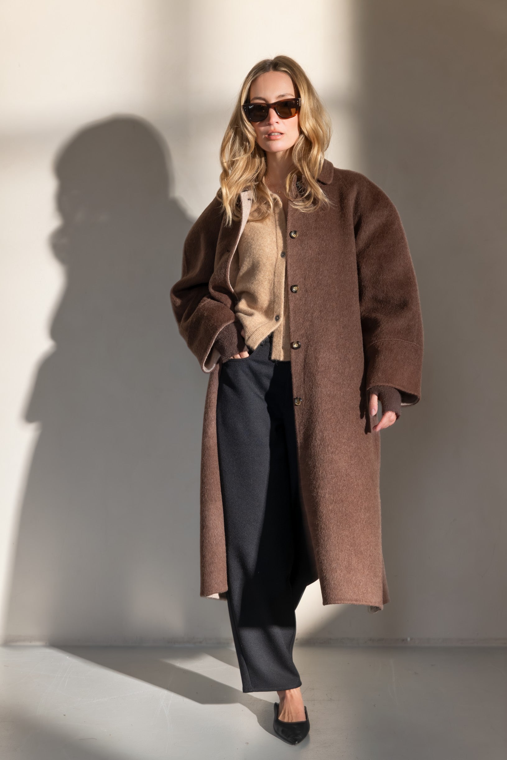 CIBERE Woolen silk long coat chocolat