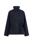 CLEND Standing collar waisted jacket night blue